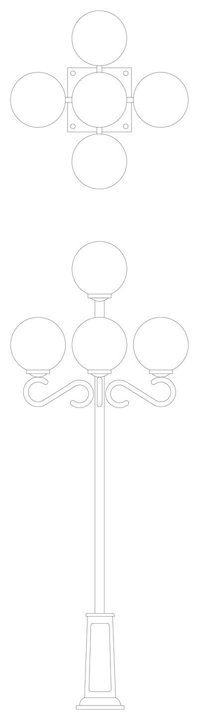 Ornamental Five-Globe Lamp Post - Elevation and Plan CAD block preview