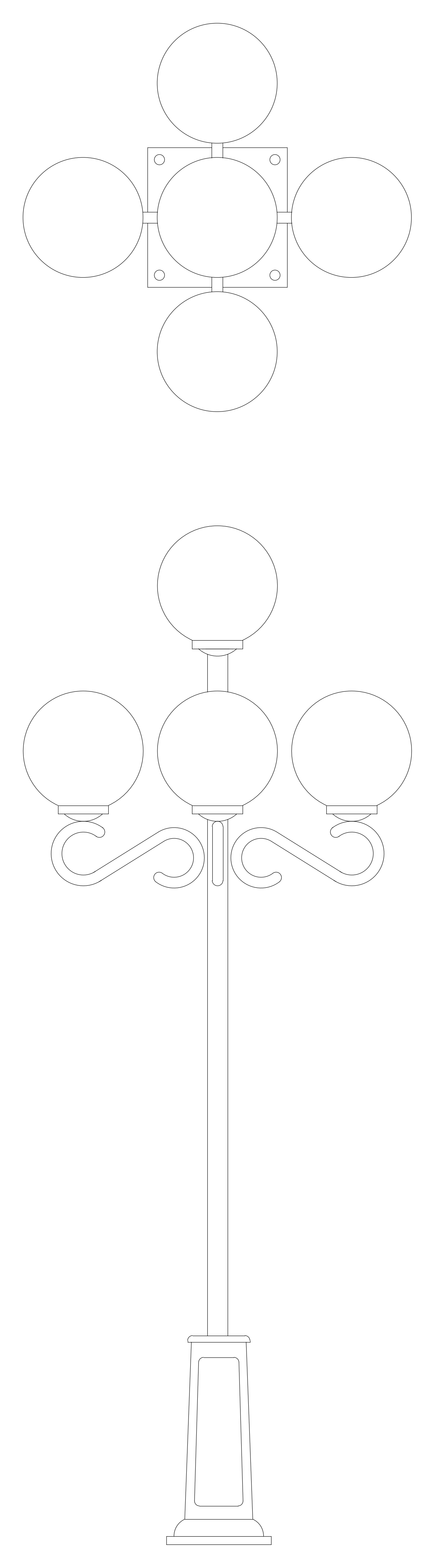 Ornamental Five-Globe Lamp Post - Elevation and Plan – free CAD block preview