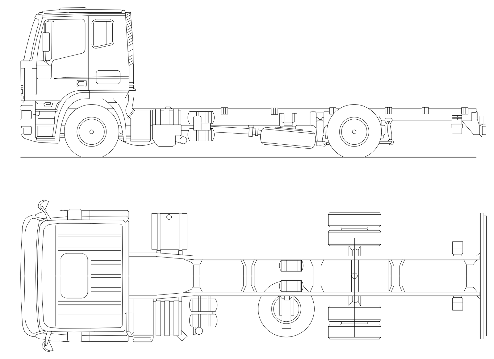 Rigid Cab Chassis Truck - Side Elevation and Plan – free CAD block preview