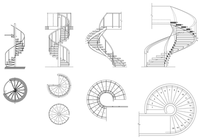 Spiral Staircase Collection - Elevations and Plan Views CAD block preview