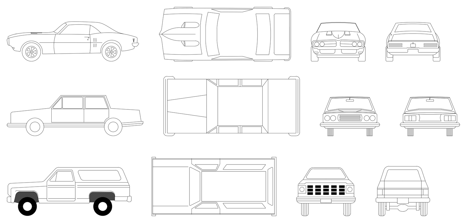Vehicles - Sports Car, Sedan and Truck in Four Views (Imperial) – free CAD block preview