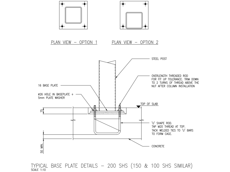 Typical Base Plate Details - 200 SHS